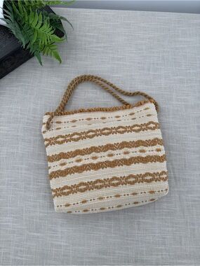 Vintage 1970s Boho Woven Handbag Cream Tan Braided Handle Bag Resort Coastal